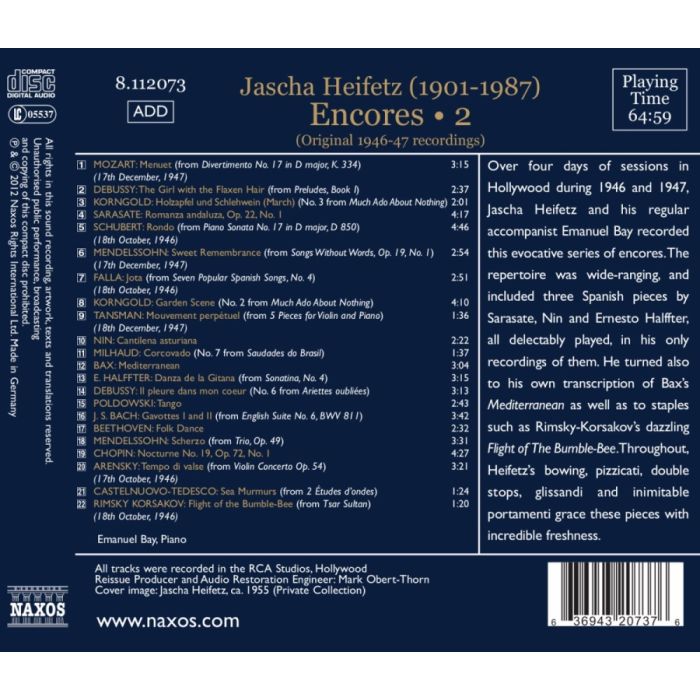 Jascha Heifetz: Encores Vol. 2 - Rimsky-Korsakov, Debussy, Chopin, Falla - slide-1