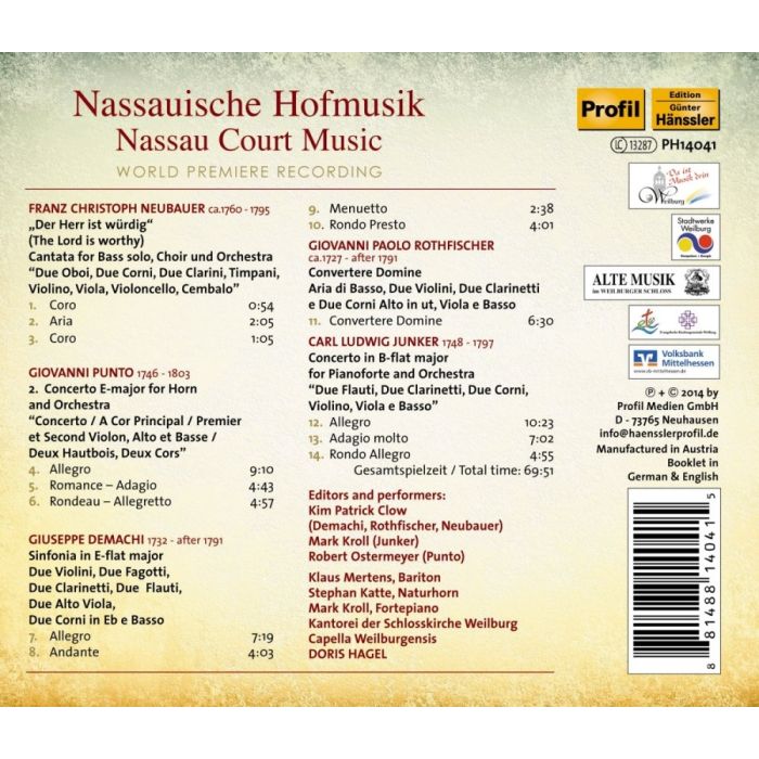 Nassau Court Music - Demachi, Giuseppe; Punto, Giovanni; Rothfischer, Johann Paul; Junker, Carl Ludwig; Neubauer, František Kryštof - slide-1