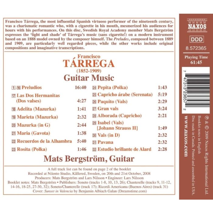 TARREGA: Guitar Music - Preludios, Las Dos Hermanitas, Recuerdos de la Alhambra, Gran vals - slide-1