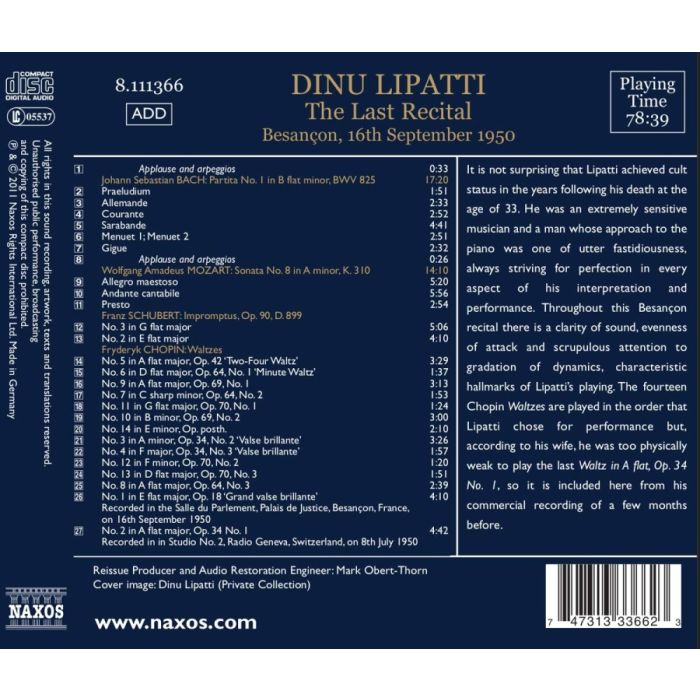 Dinu Lipatti: The Last Recital - Bach, Mozart, Schubert, Chopin (nagr. 1950) - slide-1
