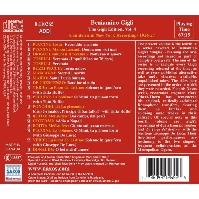GIGLI, Beniamino: Gigli Edition, Vol. 4: Camden and New York Recordings (1926-1927) - slide-1