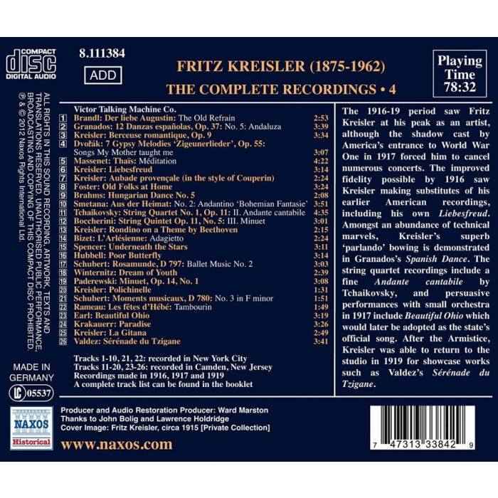 Fritz Kreisler: Complete Recordings 4 - Rameau, Boccherini, Schubert, Dvorak, Czajkowski, Bizet - slide-1