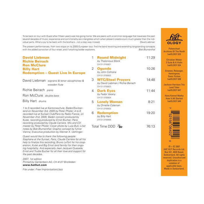 Liebman/Beirach: Redemption - Quest Live In Europe - slide-1