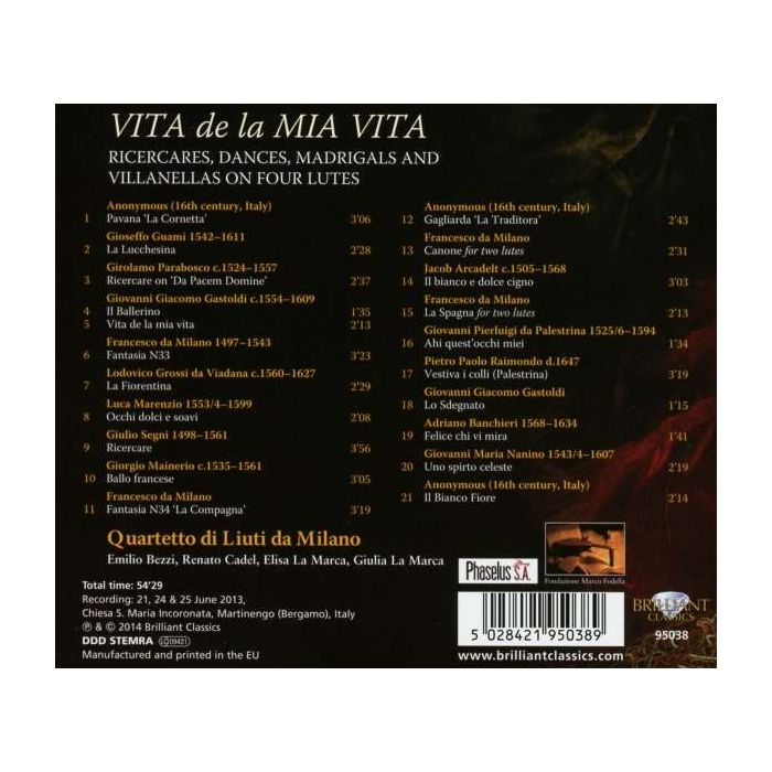 Vita de la mia vita: Ricercari, Dances, Madrigals and Villanelle on Four Lutes - slide-1