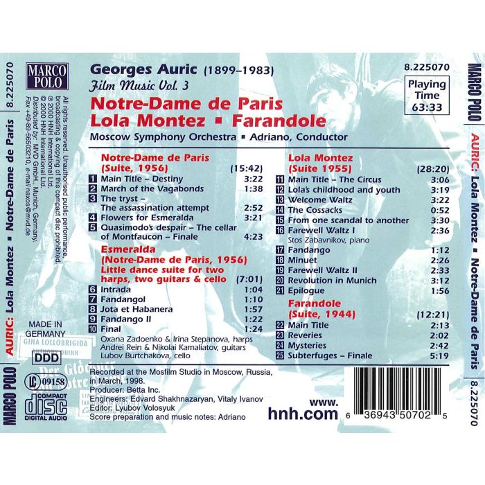 AURIC: Film music vol. 3 (Lola Montez, Notre-Dame de Paris, Farandole) - slide-1