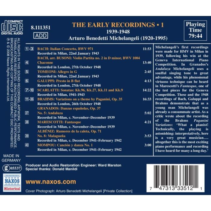 Michelangeli: Early Recordings 1939-1948 - Bach, Brahms, Galuppi, Scarlatti, Granados, Albeniz - slide-1