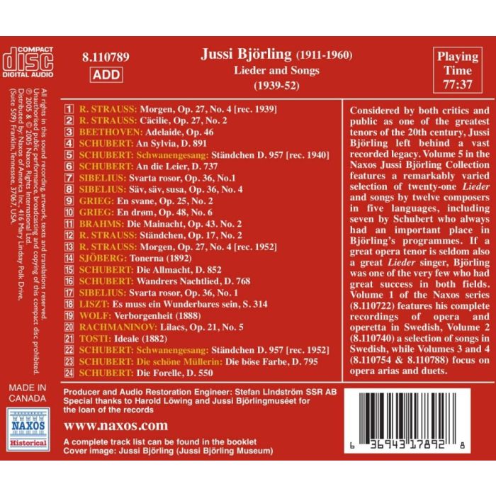BJORLING, Jussi: Bjorling Collection, Vol. 5: Lieder and Songs (1939-1952) - slide-1