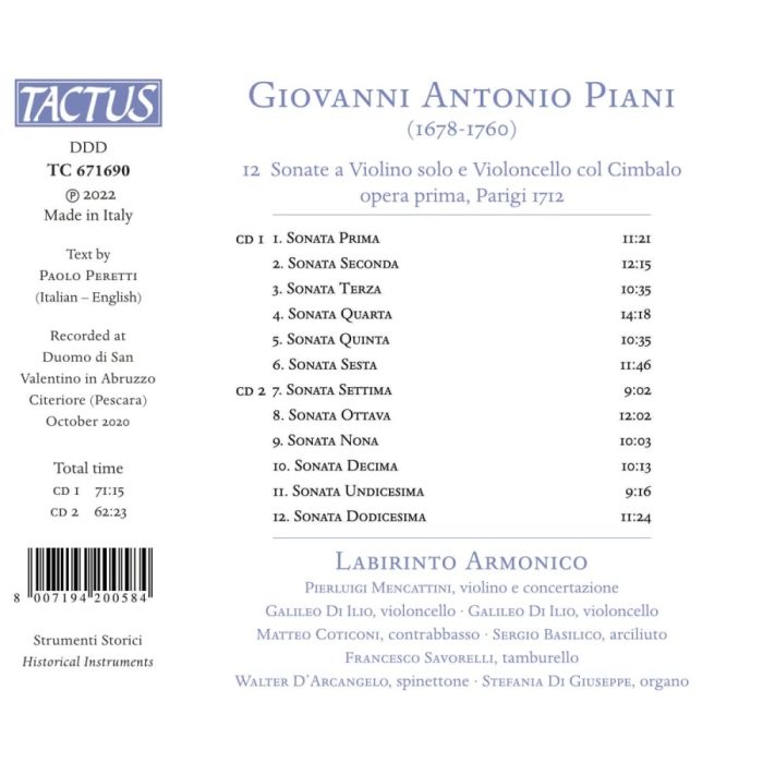 Piani: 12 Sonate a Violino solo e Violoncello col Cimbalo, op. I, 1712 - slide-1