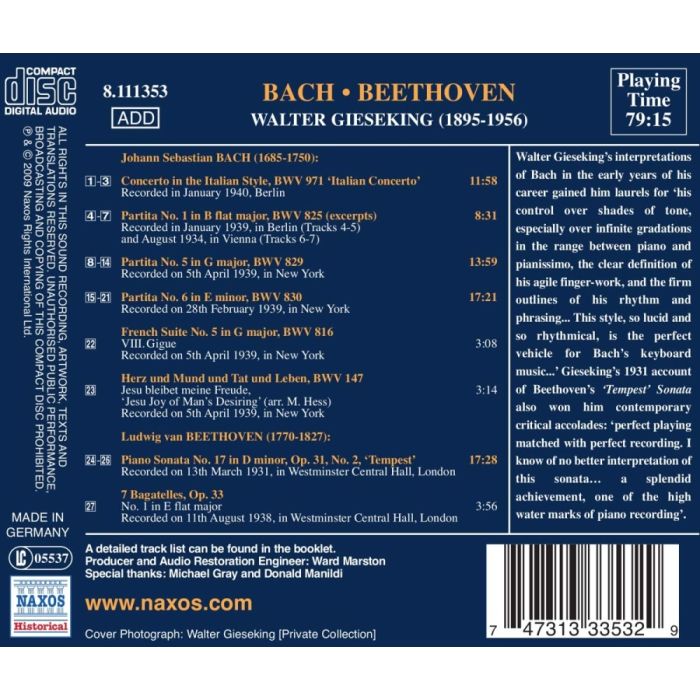 Bach: Partitas Nos. 1, 5 & 6, Italian Concerto, BEETHOVEN: Piano Sonata No. 17 