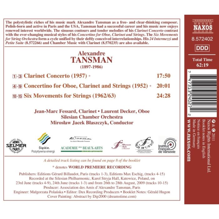 TANSMAN: Clarinet Concerto, Concertino for Oboe, Clarinet and Strings, Six Movements for Strings - slide-1