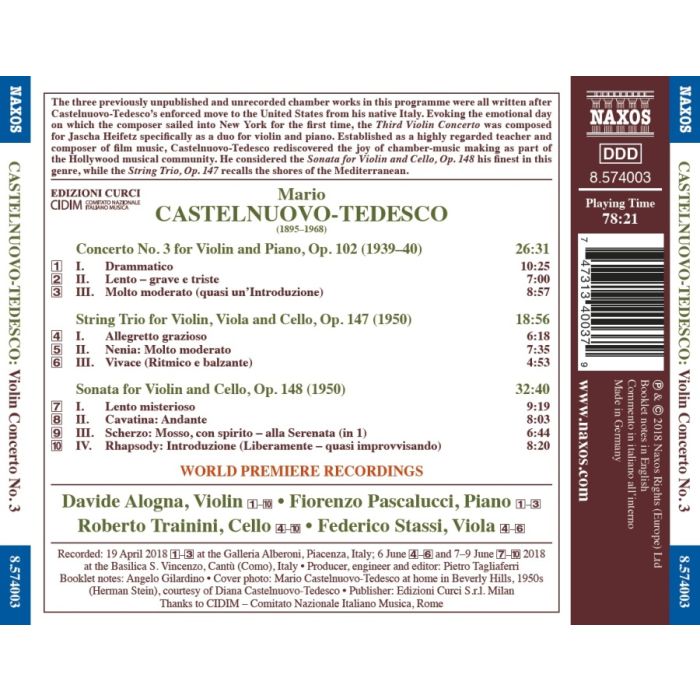 Castelnuovo-Tedesco: Violin Concerto No. 3; String Trio; Sonata for Violin and Cello - slide-1