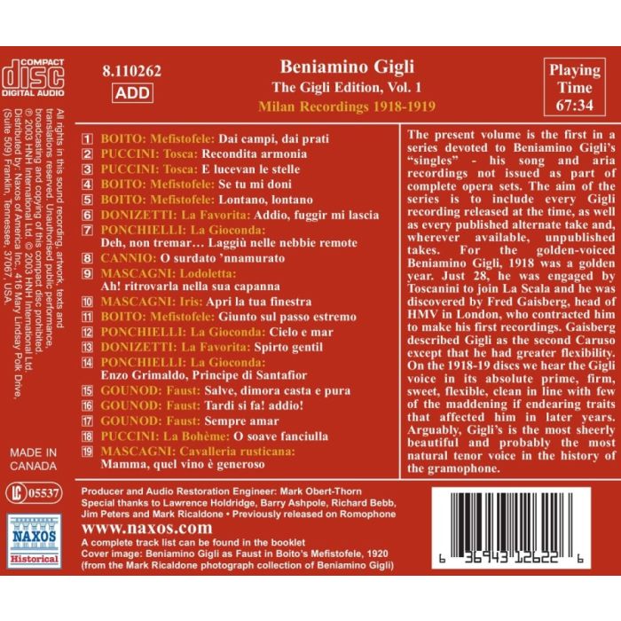 GIGLI, Beniamino: Gigli Edition, Vol. 1: Milan Recordings (1918-1919) - slide-1