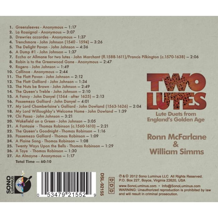 Two Lutes: Lute Duets from England's Golden Age -Johnson, Marchant, Pilkington, Danyel, Dowland, Robinson - slide-1