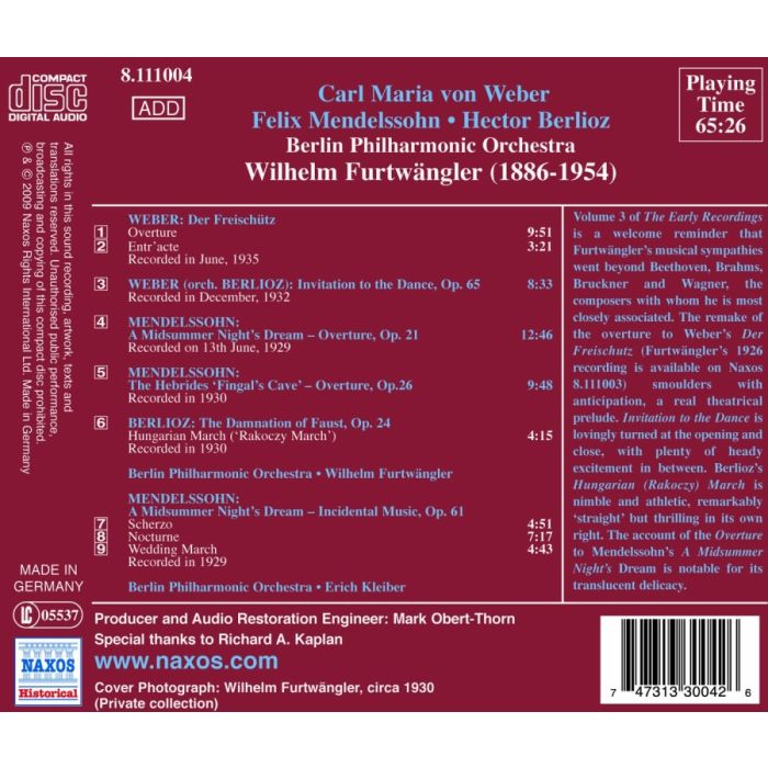 FURTWÄNGLER: Early Recordings Vol. 3, 1929 - 1935 - WEBER, MENDELSSOHN, BERLIOZ - slide-1