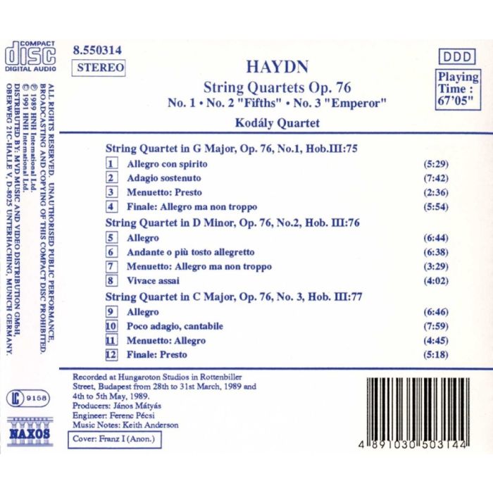 Haydn:String Quartets Op. 76 No. 1, No. 2 'Fifths', No. 3 'Emperor' - slide-1