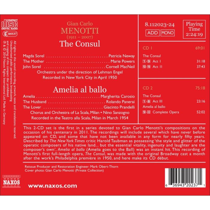 Menotti: The Consul, Amelia al ballo, nagr. 1950, 1954 (2 CD) - slide-1