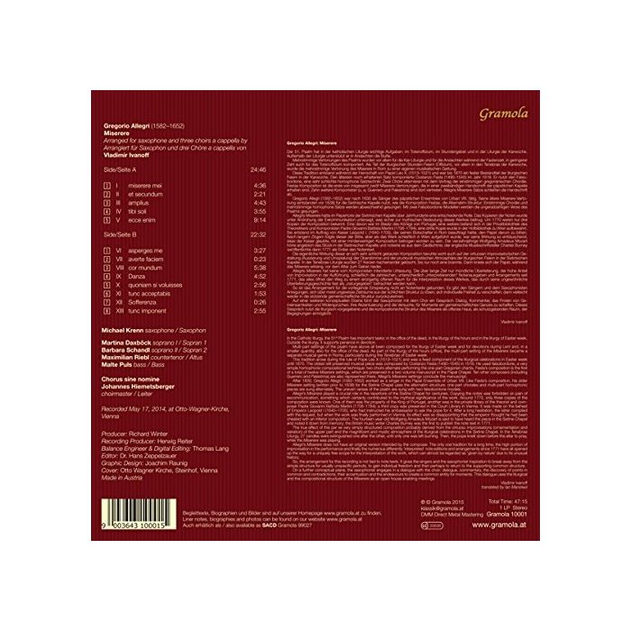Allegri - Miserere, arranged for saxophone and three choirs a cappella, vinyl 180g - slide-1