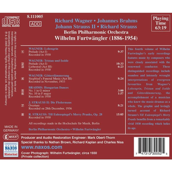 Great Conductors - Furtwängler: Early Recordings Vol. 4 -  WAGNER, BRAHMS, J. STRAUSS, R. STRAUSS - slide-1