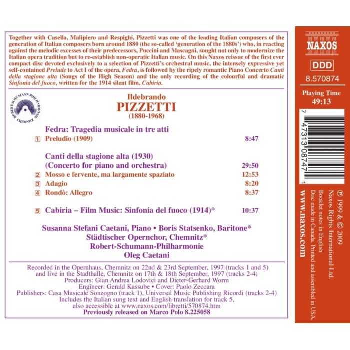 PIZZETTI: Canti della stagione alta, Pelude to Fedra, Sinfonia del fuoco - slide-1