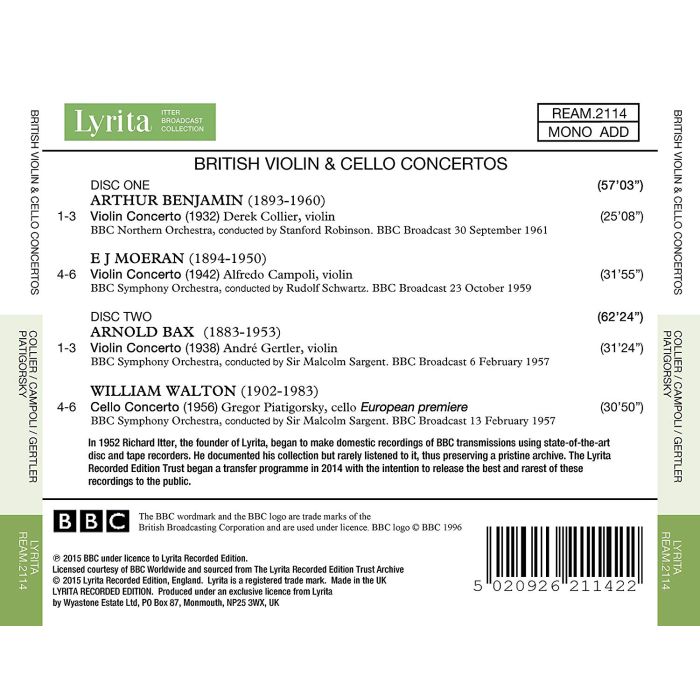 Benjamin/Moeran/Bax/Walton: British Violin & Cello Concertos - slide-1