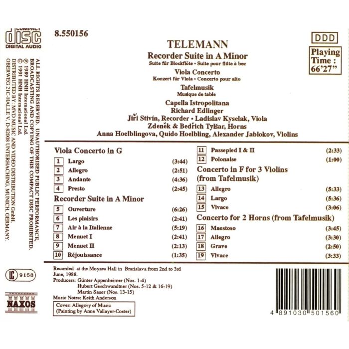 Telemann: Recorder Suite in A Minor, Viola Concerto, Tafelmusik: 2 Concertos - slide-1