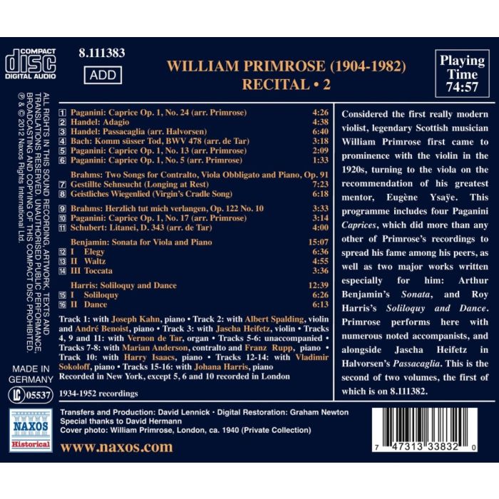 William Primrose Recital Vol. 2 - Bach, Haendel, Paganini, Schubert, Brahms - slide-1