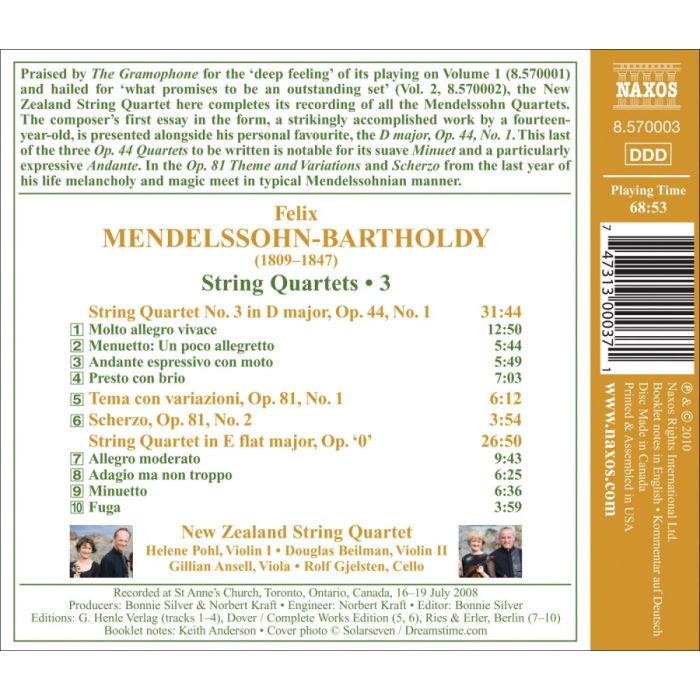 Mendelssohn: String Quartets Vol. 3 - No. 3 and op. 