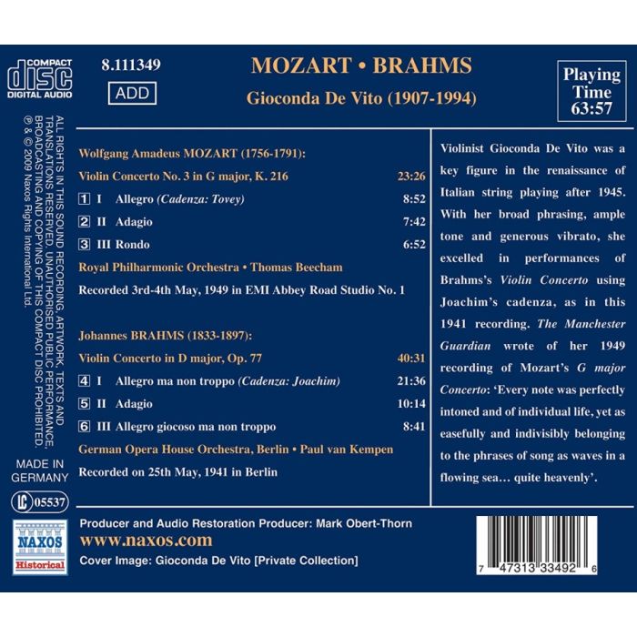 Great Violinists - De Vito: MOZART: Violin Concerto No. 3, BRAHMS: Violin Concerto - slide-1