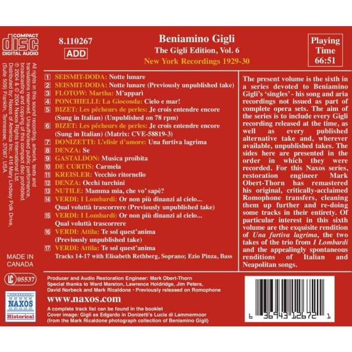 GIGLI, Beniamino: Gigli Edition, Vol. 6: New York Recordings (1928-1930) - slide-1