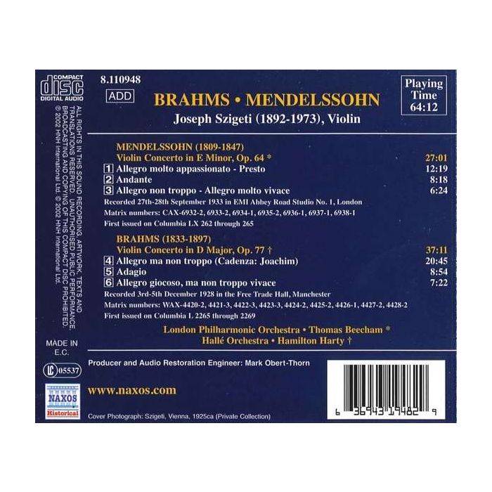 GREAT VIOLINISTS - SZIGETI: Brahms, Mendelssohn - slide-1