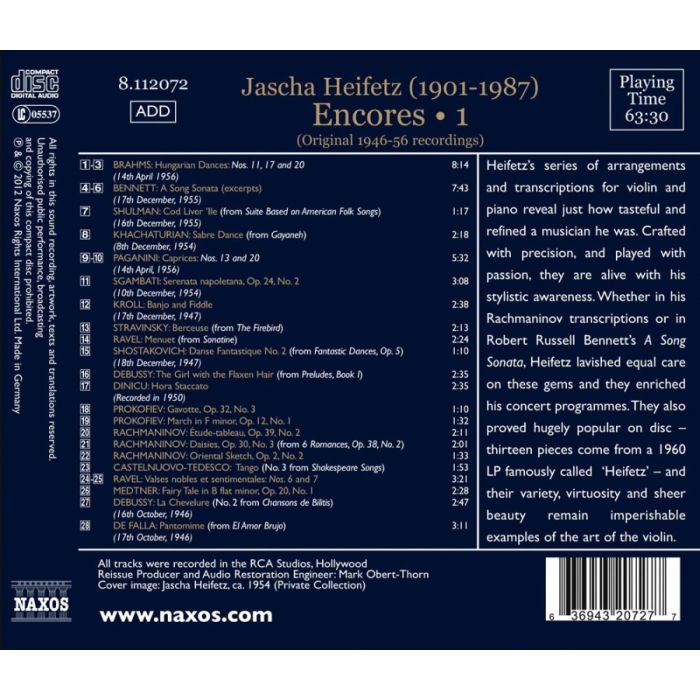 Heifetz Encores Vol. 1, Brahms, Khachaturian, Debussy, Dinicu - slide-1
