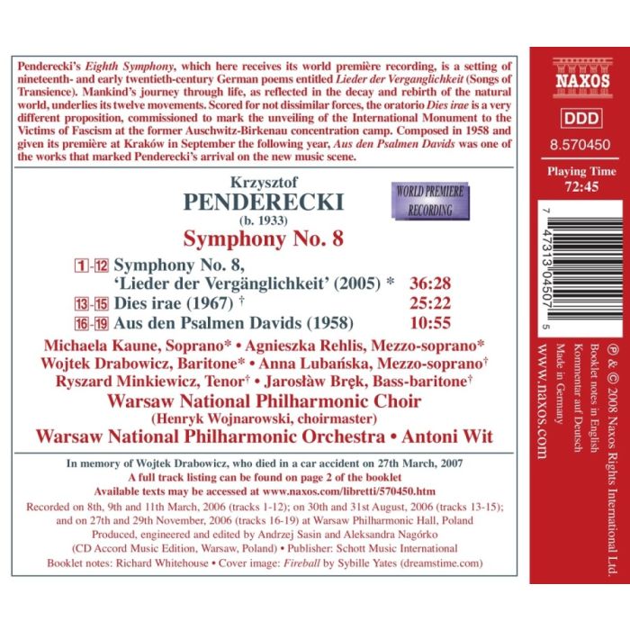 PENDERECKI : Symphony No. 8, Dies Irae, Psalmen Davids - slide-1