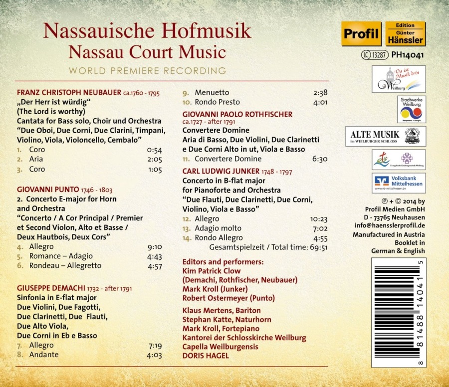 Nassau Court Music - Demachi, Giuseppe; Punto, Giovanni; Rothfischer, Johann Paul; Junker, Carl Ludwig; Neubauer, František Kryštof - slide-1