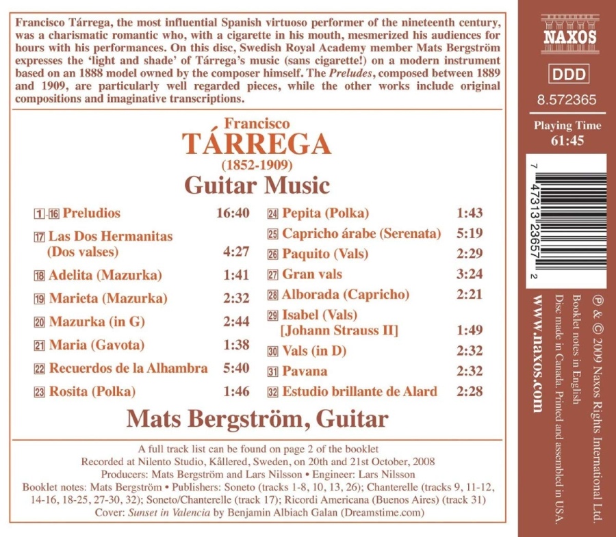 TARREGA: Guitar Music - Preludios, Las Dos Hermanitas, Recuerdos de la Alhambra, Gran vals - slide-1