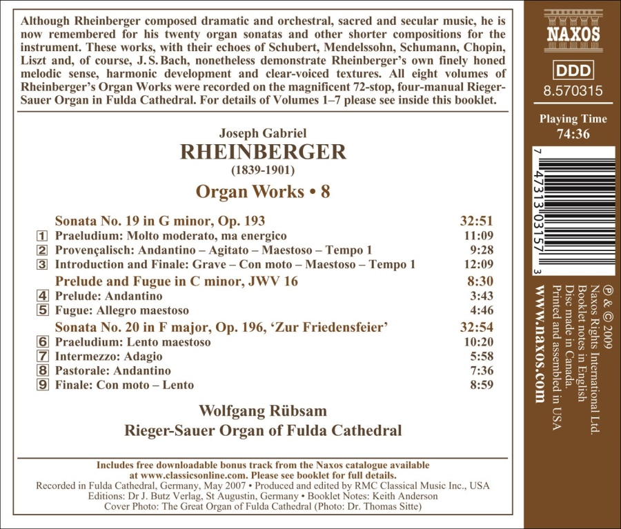 Rheinberger: Organ Works Vol. 8  -  Sonatas Nos. 19 and 20, Prelude and Fugue in C minor - slide-1