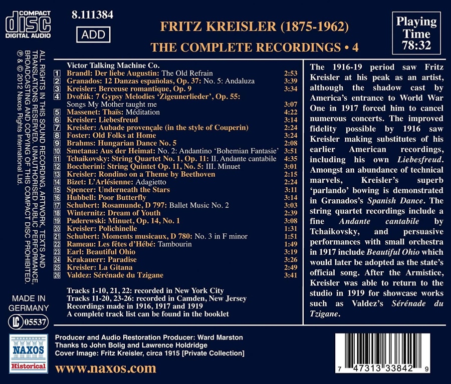 Fritz Kreisler: Complete Recordings 4 - Rameau, Boccherini, Schubert, Dvorak, Czajkowski, Bizet - slide-1