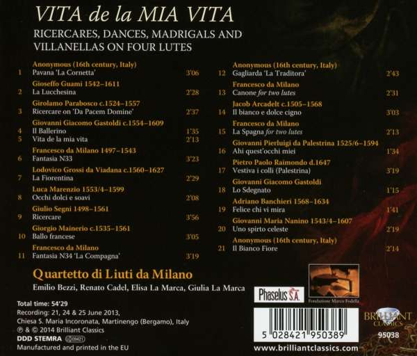 Vita de la mia vita: Ricercari, Dances, Madrigals and Villanelle on Four Lutes - slide-1