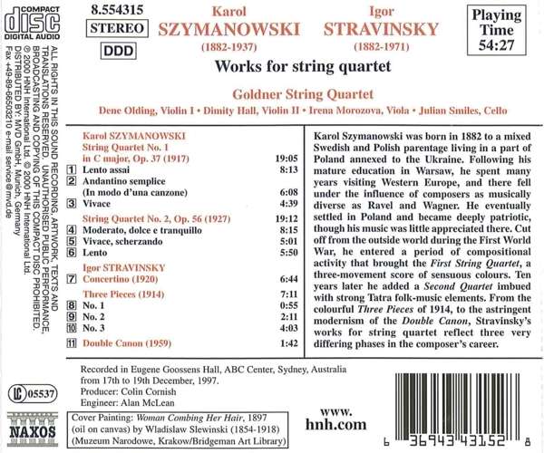 SZYMANOWSKI / STRAVINSKY: String Quartets, Concertino, Three Pieces, Double Canon - slide-1