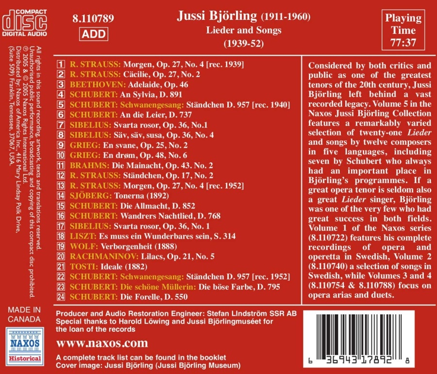 BJORLING, Jussi: Bjorling Collection, Vol. 5: Lieder and Songs (1939-1952) - slide-1