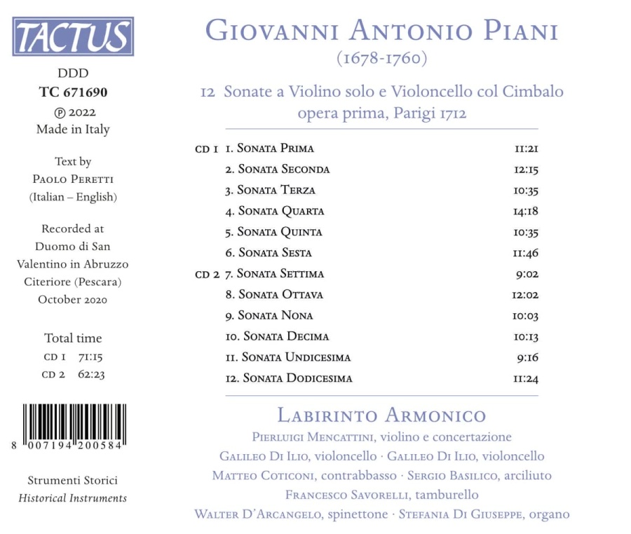 Piani: 12 Sonate a Violino solo e Violoncello col Cimbalo, op. I, 1712 - slide-1
