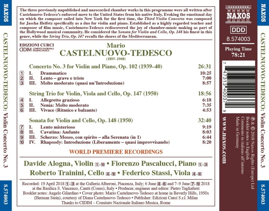 Castelnuovo-Tedesco: Violin Concerto No. 3; String Trio; Sonata for Violin and Cello - slide-1