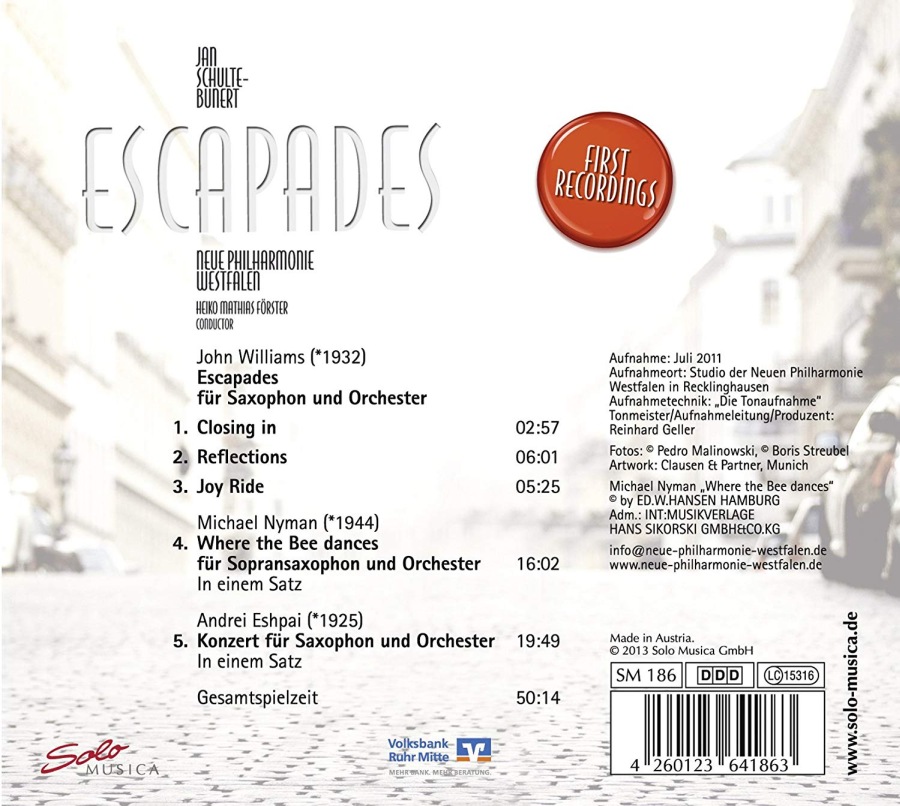 Escapades for Saxophone and Orchestra, music by John Williams, Michael Nyman, Andrei Eshpai - slide-1
