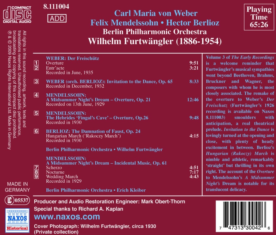 FURTWÄNGLER: Early Recordings Vol. 3, 1929 - 1935 - WEBER, MENDELSSOHN, BERLIOZ - slide-1
