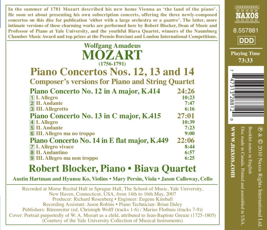MOZART:Piano Concertos Nos. 12, 13 & 14 - Composer’s versions for Piano and String Quartet - slide-1