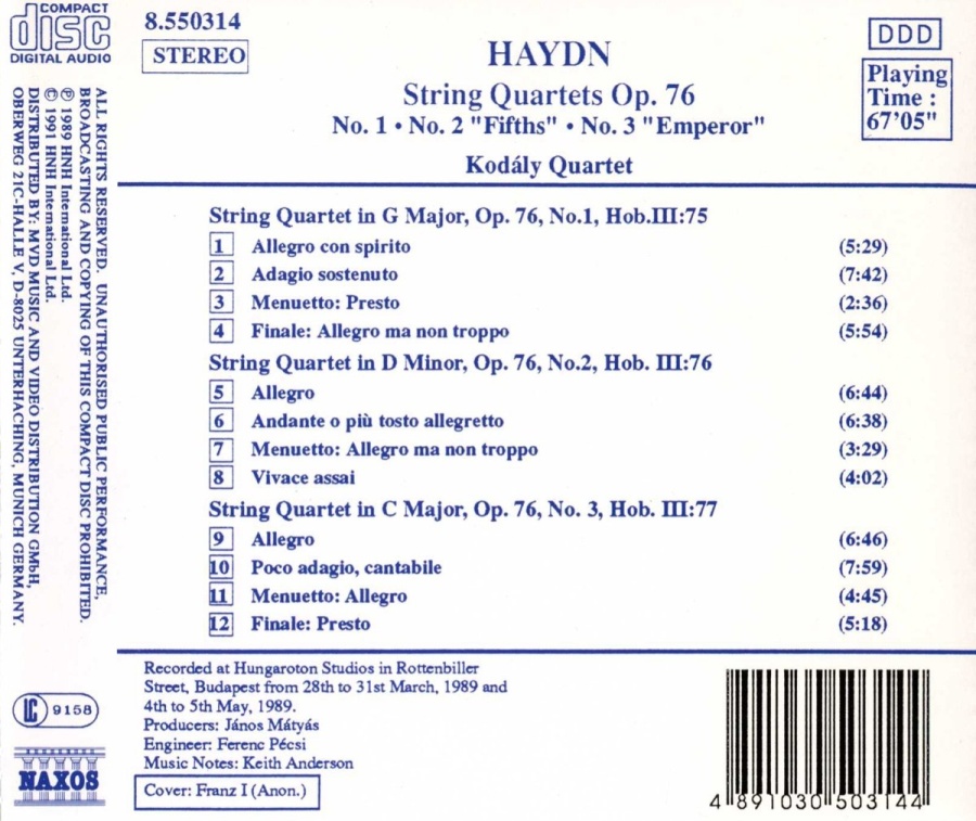 Haydn:String Quartets Op. 76 No. 1, No. 2 'Fifths', No. 3 'Emperor' - slide-1
