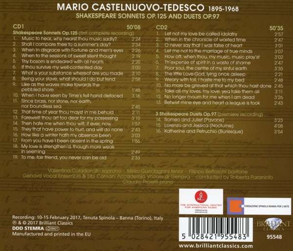Castelnuovo-Tedesco: Shakespeare Sonnets Op. 125 & Duets Op. 97 - slide-1
