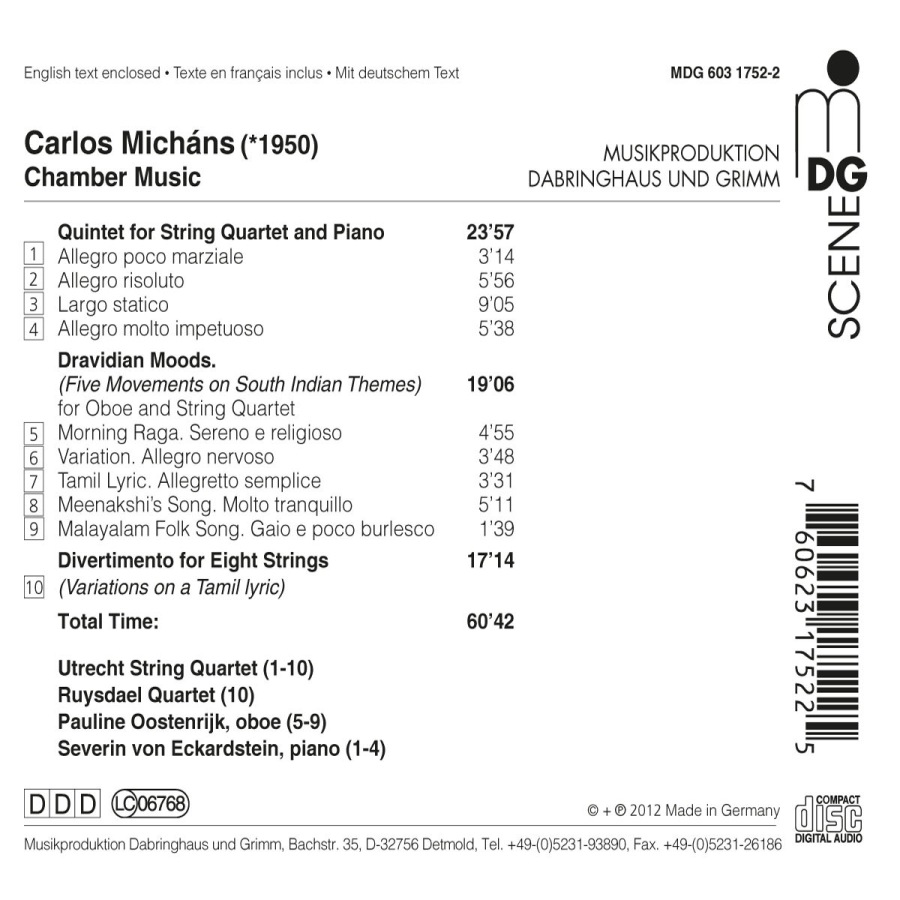 Carlos Micháns: Dravidian Moods for Oboe and String Quartet, Divertimento for Eight Strings, Piano Quintet - slide-1