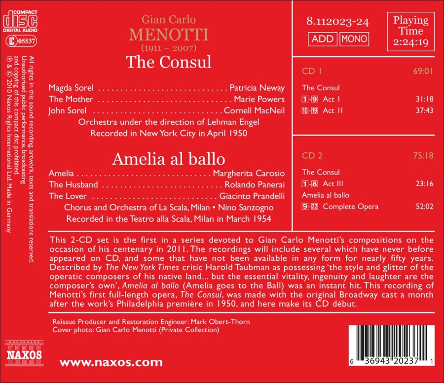 Menotti: The Consul, Amelia al ballo, nagr. 1950, 1954 (2 CD) - slide-1