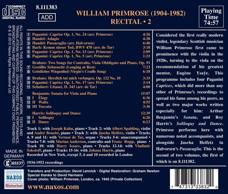 William Primrose Recital Vol. 2 - Bach, Haendel, Paganini, Schubert, Brahms - slide-1