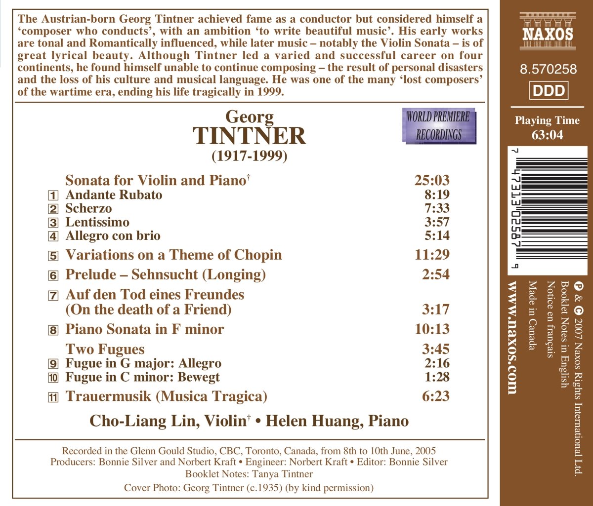 TINTNER: Violin Sonata; Chopin Variations; Piano Sonata; Trauermusik - slide-1